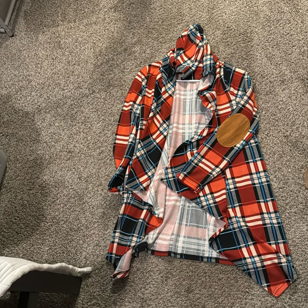 Hooded open front plaid cardigan with suede elbow. Size S